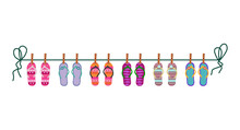 Flip Flops Hang On The Rope Attached With Clothespins Vector Illustration
