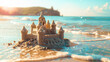 fairy sand castle on a beautiful beach on sunny day. Summer vacation, holidays, travel, dream concept. waves washing away sand castle on the sea beach