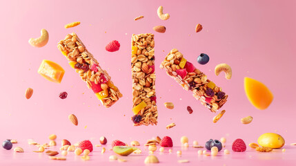 Vegan muesli bars with berries and nuts levitation. Levitating Protein granola bars with cereals on pink background. Energy cereal snack. Fitness diet food.