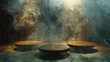 Concept of three round wooden tables in a room surrounded by smoke.
