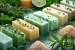 Handmade Herbal Soaps with Natural Ingredients on Green Backdrop