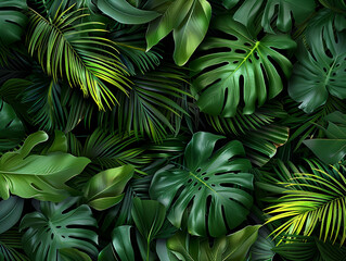 Wall Mural - A lush tropical jungle background with various green palm leaves and monstera plants, creating an exotic and textured pattern on a black backdrop. 