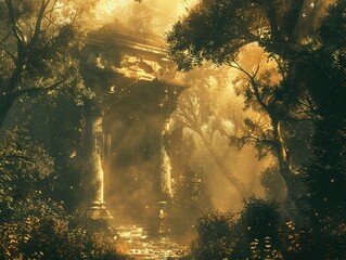 Wall Mural - A mystical forest glen with ancient ruins and shafts of golden sunlight streaming through the trees enchanted woodland The air is alive with magic and mystery as fairies flit among the branches