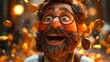 3D cartoon bearded jackpot winner under a shower of gold coins, ecstatic victory, casino richness