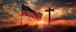 Sunset with the American flag and religious cross