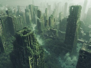  A post-apocalyptic cityscape reclaimed by nature, with crumbling skyscrapers entwined with vines and lush greenery nature's revival The juxtaposition