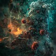 Tumor cell illustrated as a dark fortress being besieged by therapeutic agents, the fight against malignancy, tense and pivotal