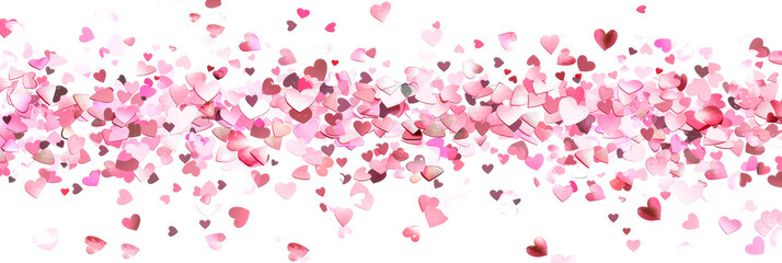 Wall Mural - Red and pink heart love confettis. Valentine's day or mother's day gradient background. Falling transparent hearts confetti on white background.