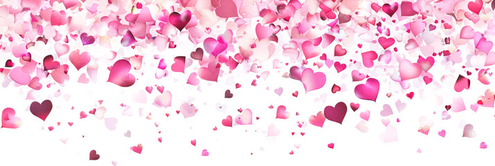 Wall Mural - Red and pink heart love confettis. Valentine's day or mother's day gradient background. Falling transparent hearts confetti on white background.