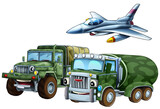 Fototapeta  - cartoon scene with two military army cars vehicles and flying jet fighter plane theme isolated background illustration for children