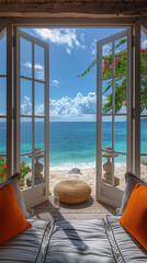 Canvas Print - Offenes Fenster oder Tür mit Meerblick,Cocoa Island, South Male Atoll, Seychelles