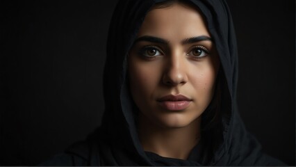 beautiful middle eastern woman looking at camera serious on dark plain black background from Generative AI