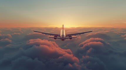 Wall Mural - A airplane flying above the clouds at sunset,.