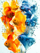 A group of fish in a tank with some orange and blue fish