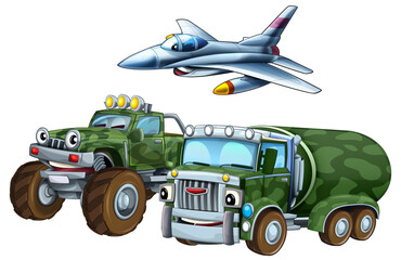 cartoon scene with two military army cars vehicles and flying jet fighter plane theme isolated background illustration for children