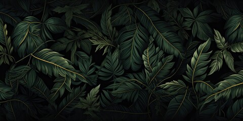 Wall Mural - Tropical leaves in vivid colors forming a pattern on a dark background.