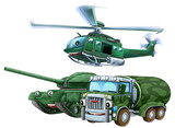 Fototapeta  - cartoon scene with two military army cars vehicles and flying helicopter theme isolated background illustration for children