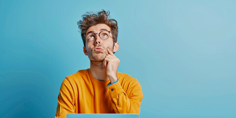 The guy is sitting at the laptop and thinking about something isolated on blue background