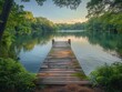 A serene lakeside retreat with a rustic wooden dock stretching out over calm waters, framed by lush greenery tranquil escape Soft, diffused light bathes the scene, creating a peaceful and idyllic