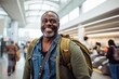 Portrait of a joyful afro-american man in his 50s wearing a rugged jean vest isolated on busy airport terminal