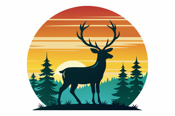 Wall Mural - t-shirt-design-with-sunset--in-silhouette-deer