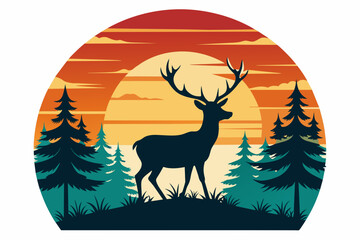 Wall Mural - t-shirt-design-with-sunset--in-silhouette-deer