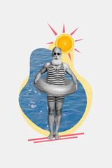 Sticker - Vertical photo collage of funny astonished old man wear striped swimsuit sunglass lifebuoy ocean resort isolated on painted background