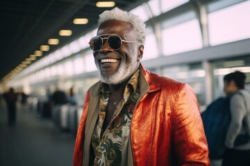 Canvas Print - Portrait of a blissful afro-american man in his 60s wearing a trendy sunglasses isolated in busy airport terminal