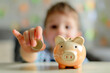 A kid puts a coin into piggy bank, hand close-up. AI generative