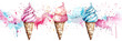 Ice cream cones with colorful splashes on white background. Vibrant watercolor illustration banner. Panoramic web header. Wide screen wallpaper