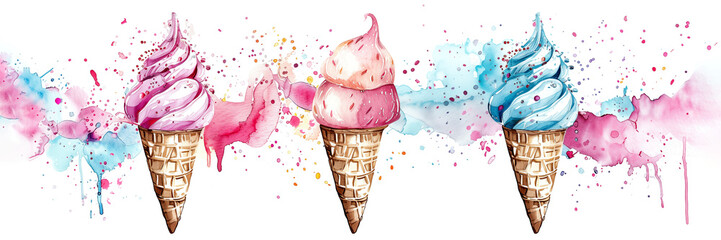 Wall Mural - Ice cream cones with colorful splashes on white background. Vibrant watercolor illustration banner. Panoramic web header. Wide screen wallpaper