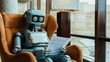 A robot in a suit, nervously waiting in a sleek, modern office lobby for a job interview, reflecting on a digital resume