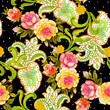 Watercolor Peonies Rose flowers pattern, traditional Indian paisley arrangement seamless background