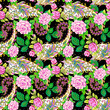 Watercolor Pink Rose flowers pattern, traditional Indian paisley arrangement seamless background