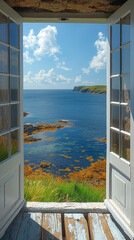 Canvas Print - Offenes Fenster oder Tür mit Meerblick, St. John’s Head, Orkneys, Scotland