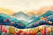 Watercolor Mountain Landscape with Red Poppies