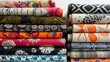 Stack of bolts of fabric, patterns and prints decorating each roll