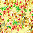 Watercolor Hibiscus bouquet flowers pattern, traditional Indian paisley arrangement seamless background