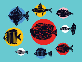 Wall Mural - Fish. Clipart. Set. Cute line illustration.