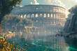A beautiful fantasy landscape overlooking the ancient colosseum with mysterious architecture and a flowing river. Perfect for tourism and historical site promotion.