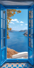 Canvas Print - Offenes Fenster oder Tür mit Meerblick, Santorin, Greece