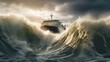 Ship navigating stormy sea with massive waves.