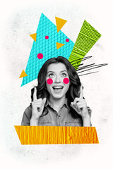 Sticker - Vertical photo collage of happy excited cute girl point up confetti index finger wear casual clothes isolated on painted background