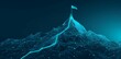Abstract mountain with a path to the top. Way to goal in digital futuristic style. a Low poly wireframe on blue. 