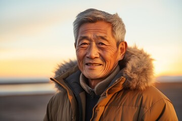 Wall Mural - Portrait of a content asian elderly man in his 90s wearing a thermal fleece pullover in front of beautiful beach sunset