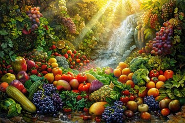 Sunbeam Illuminating Abundant Harvest with Diverse Fresh Fruits and Vegetables