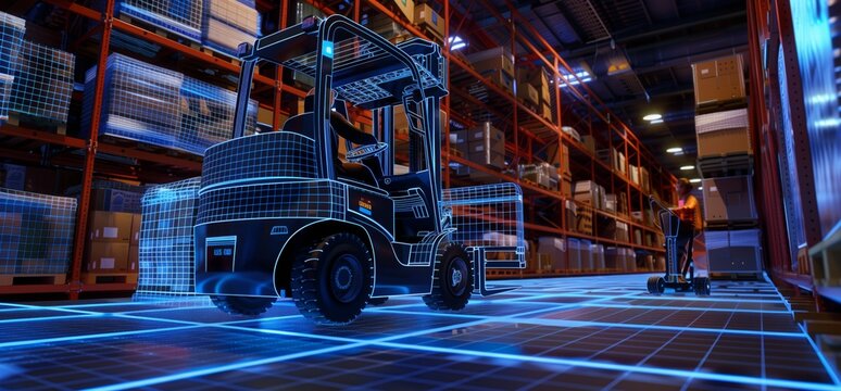 The future of warehousing: A Blue Electric forklift in action amidst a digital warehouse.