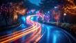 Slow shutter capture of car light trails in a city, night photography, night traffic in the city