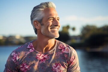 Wall Mural - Portrait of a smiling man in his 50s donning a trendy cropped top isolated in serene lakeside view