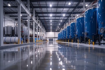 A building housing a large warehouse with rows of electric blue tanks for mass production. The flooring is engineered for symmetry, with glass fixtures and metal structures